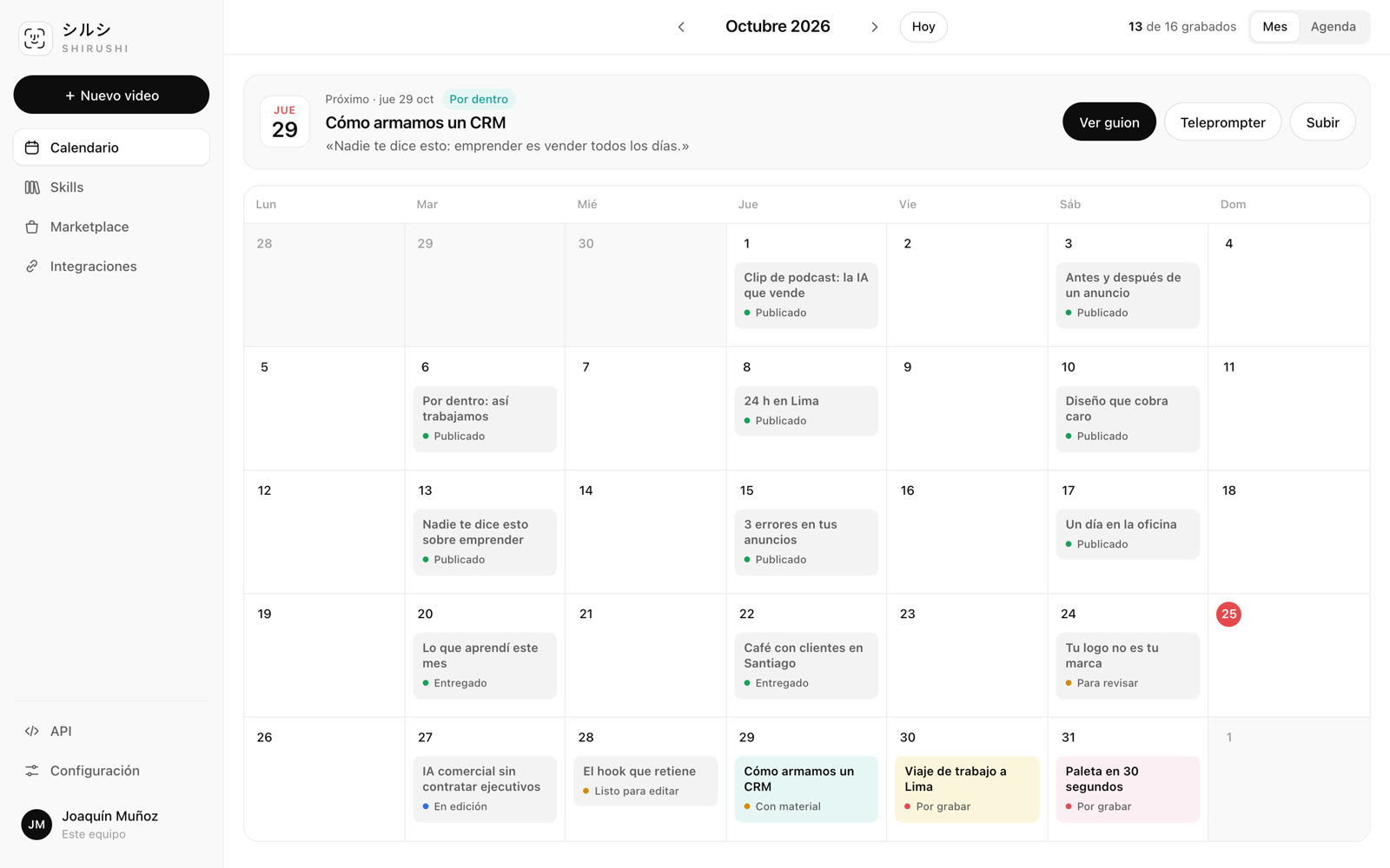 Calendario de SHIRUSHI: un mes con videos por estado (publicado, entregado, para revisar, en edición, por grabar)