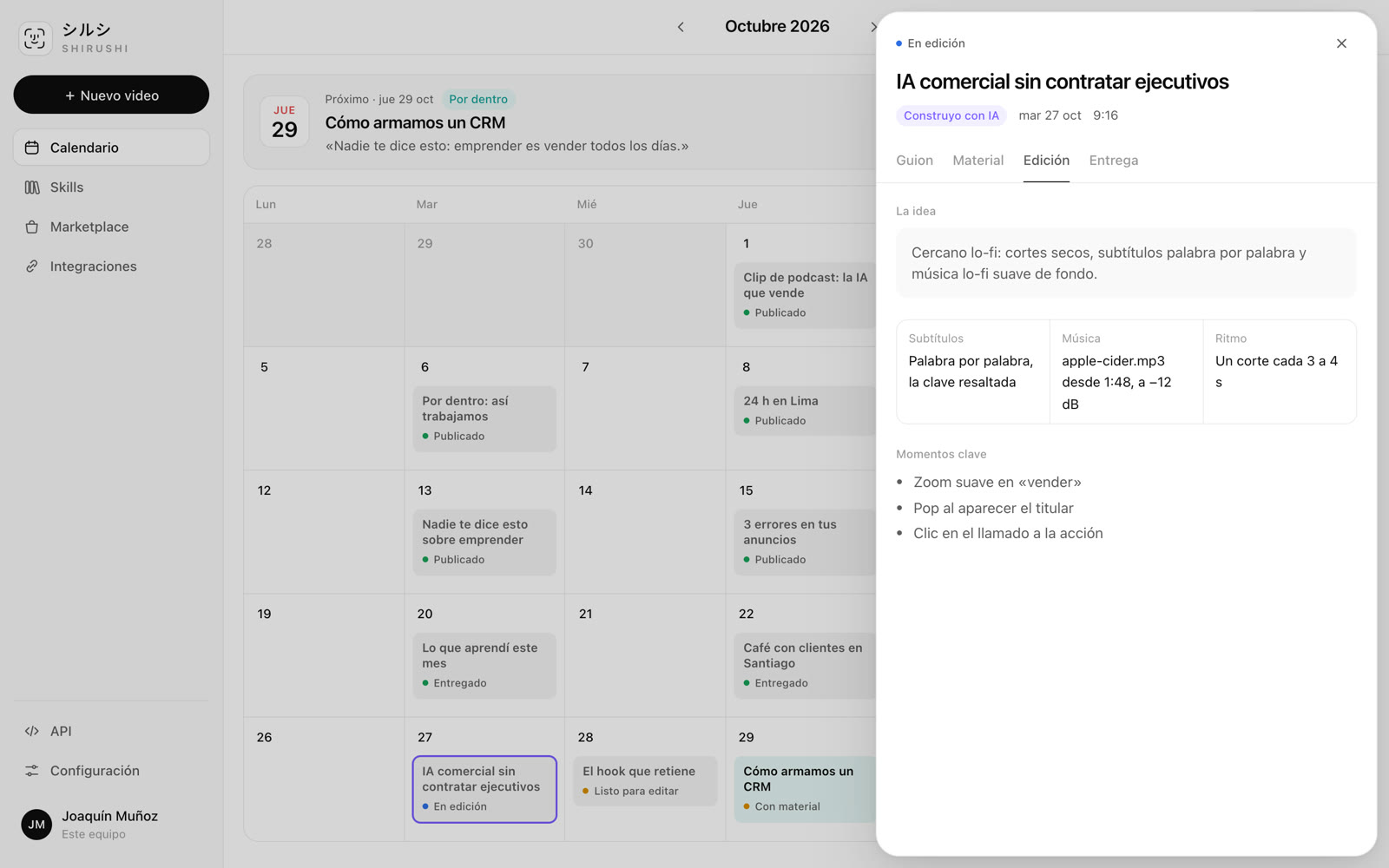 Detalle de un video en edición: la idea, subtítulos, música, ritmo y momentos clave