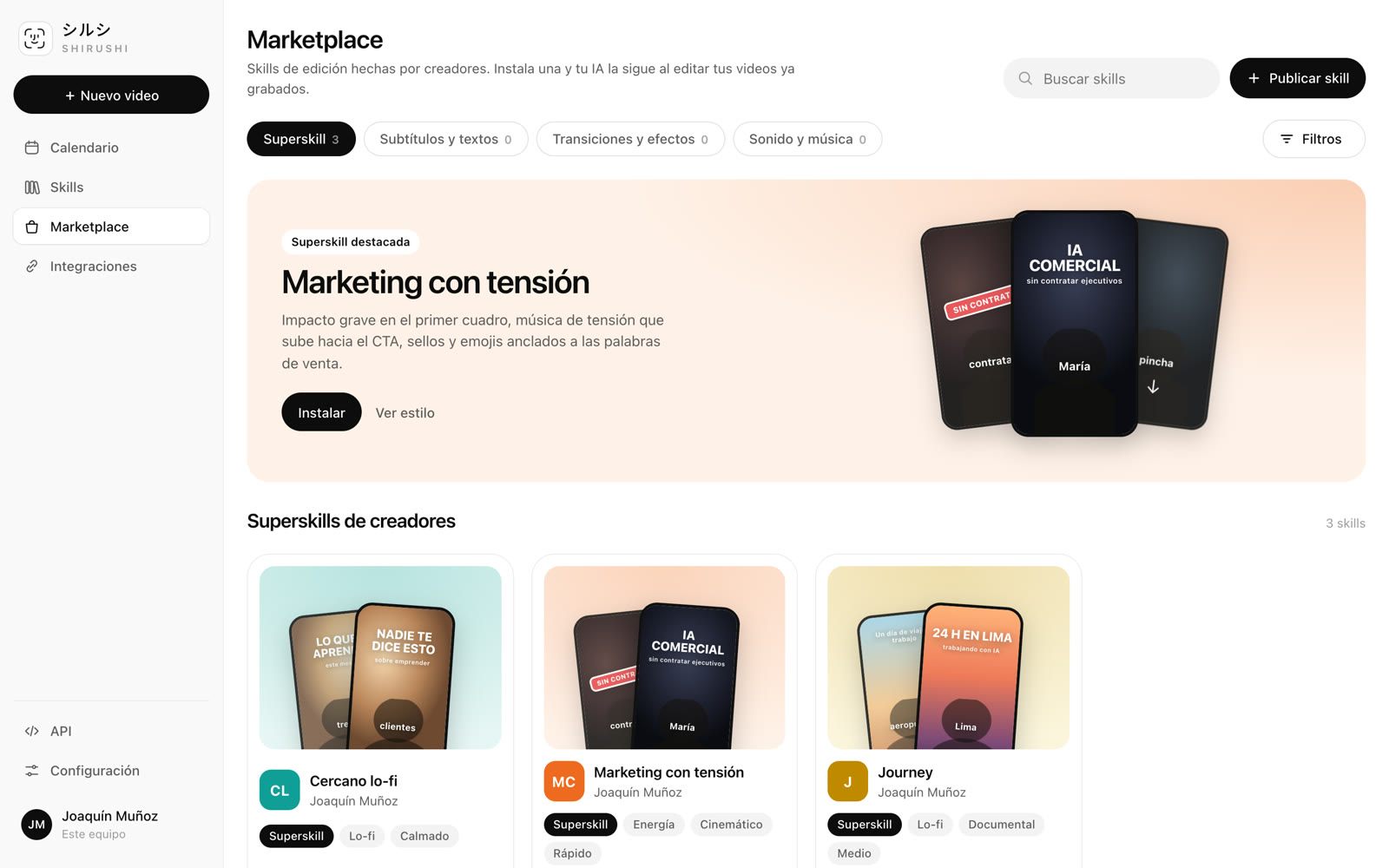 Marketplace de SHIRUSHI con Superskills de creadores