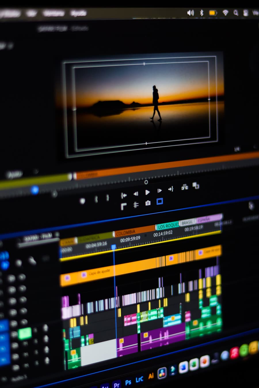Pantalla de un programa de edición con decenas de pistas de video y audio